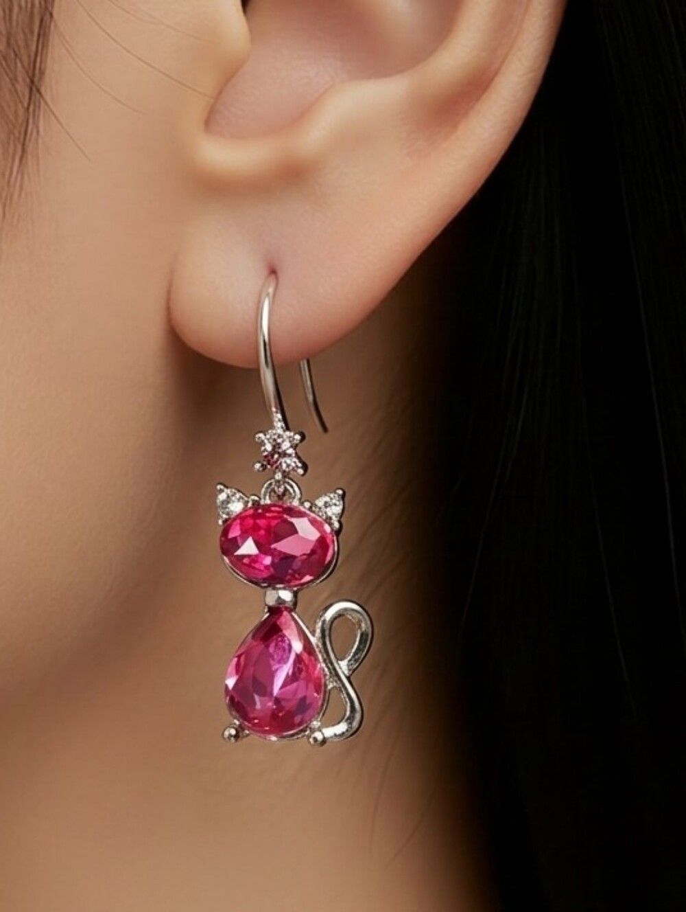 Pink Crystal Cat Earrings Rhinestone Kitty Dangle Sparkly Silver Jewelry